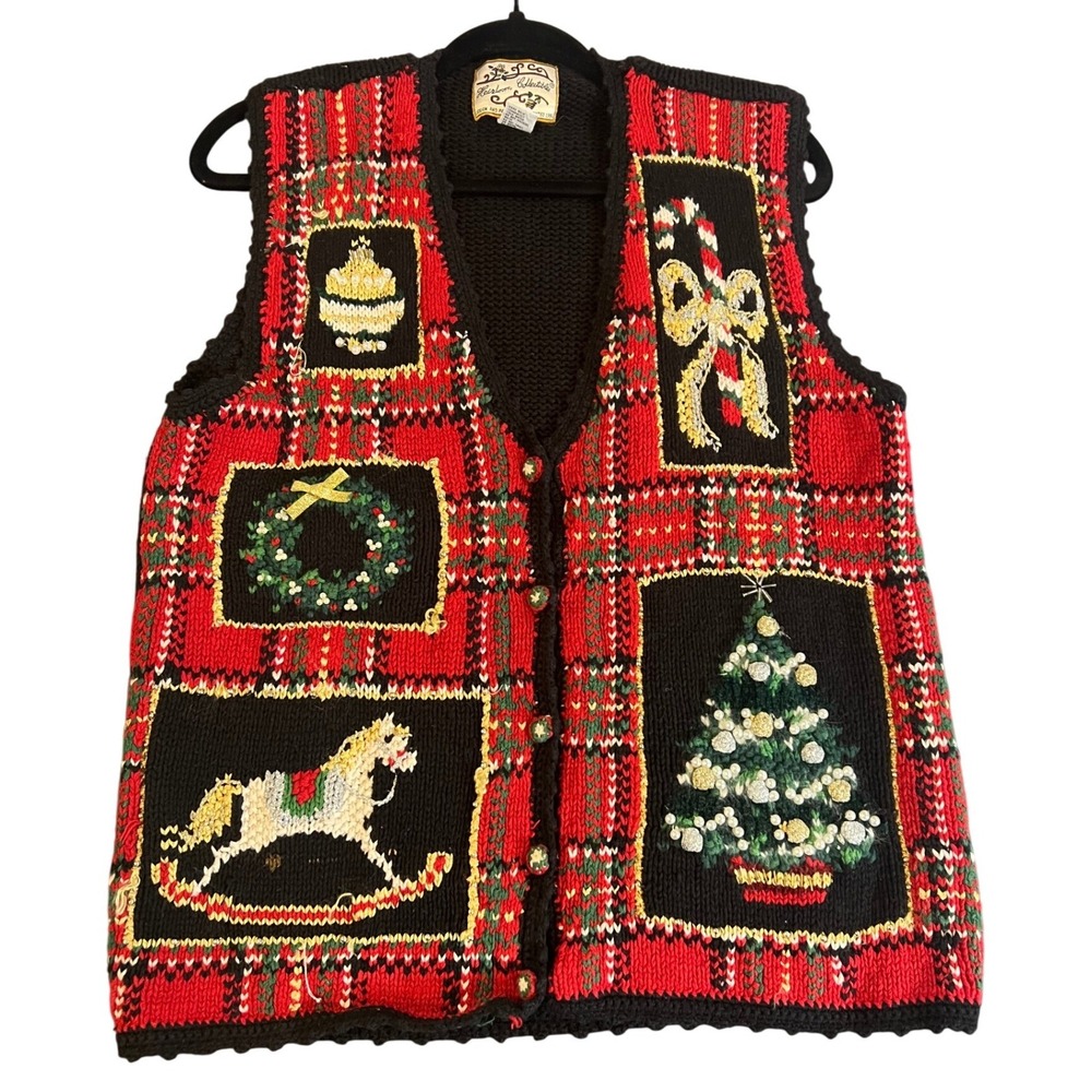 Vintage 1996 Collectible Christmas Sweater Vest Red Plaid Embroidered Medium